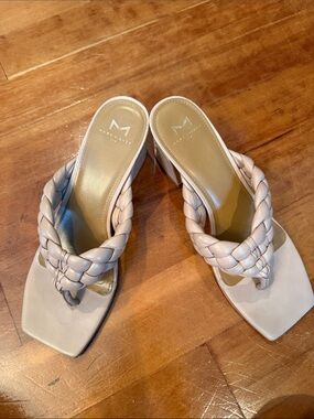 Marc Fisher Braided Square-Toe Slide Sandals — Light Beige